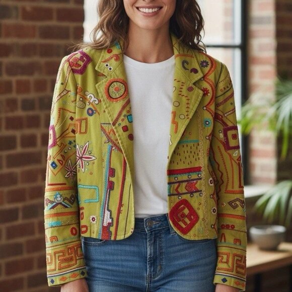 Chicos Embroidered & Studded Multicolor Boho Green Cropped Jacket Womens Large - Picture 1 of 12